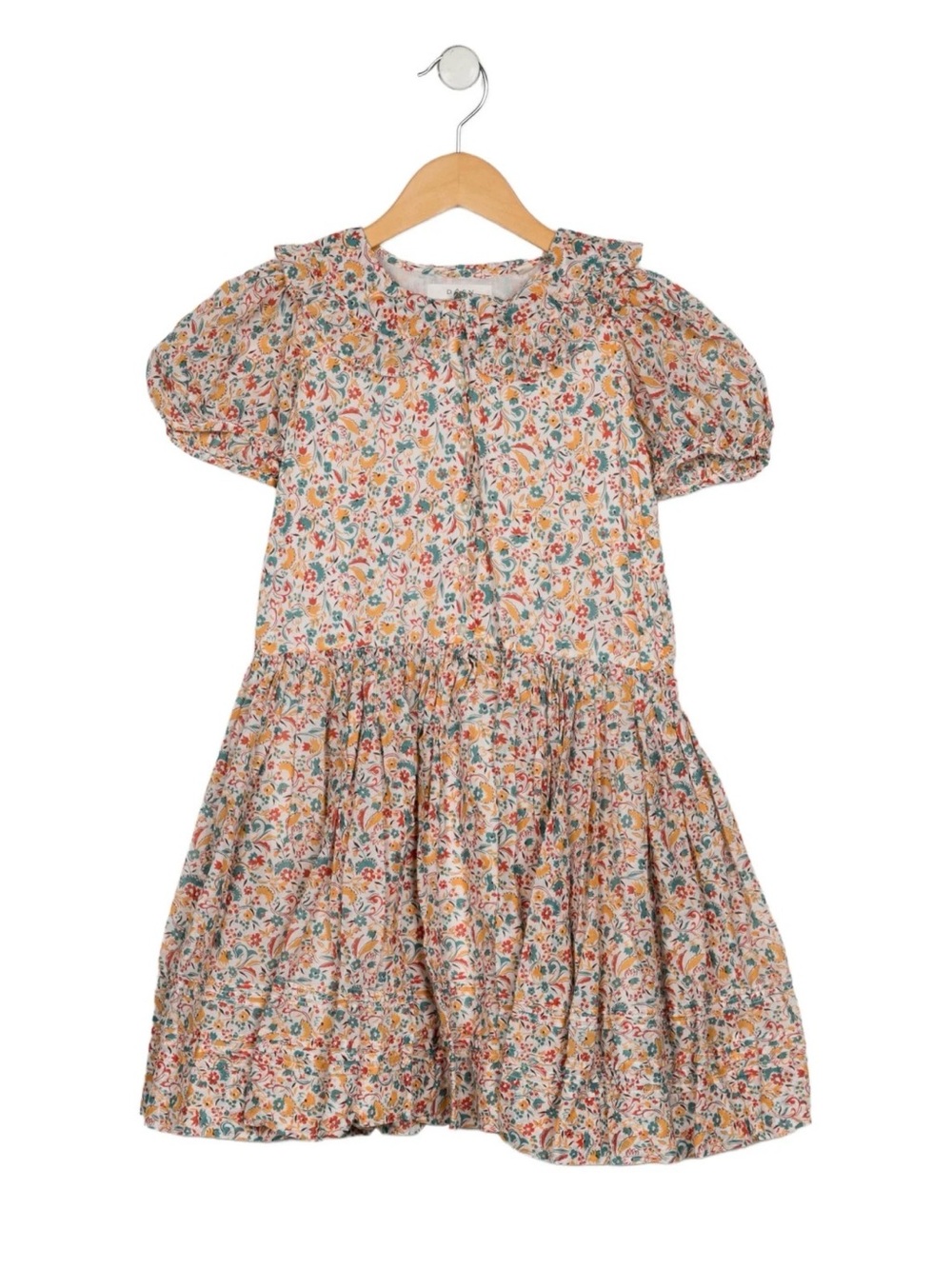 Doen Girls Floral Puff-Sleeve Cotton Dress White with Yellow & Teal Floral Print